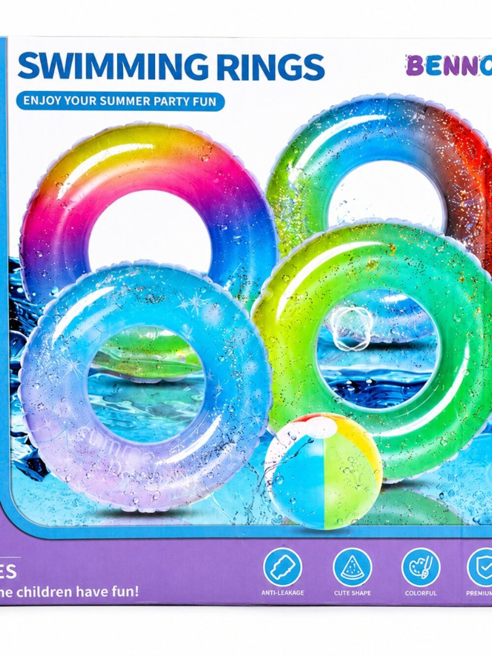 BENNOL Inflatable Swimming Rings Set 4 Pool Floats & Beach Ball 28.5" New